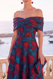 Gold Dot A Line Off the Shoulder Midi Wedding Guest Dress