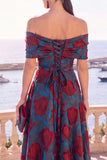 Gold Dot A Line Off the Shoulder Midi Wedding Guest Dress