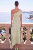 A Line Green Floral One Shoulder Midi Wedding Guest Dress
