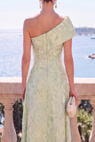 A Line Green Floral One Shoulder Midi Wedding Guest Dress
