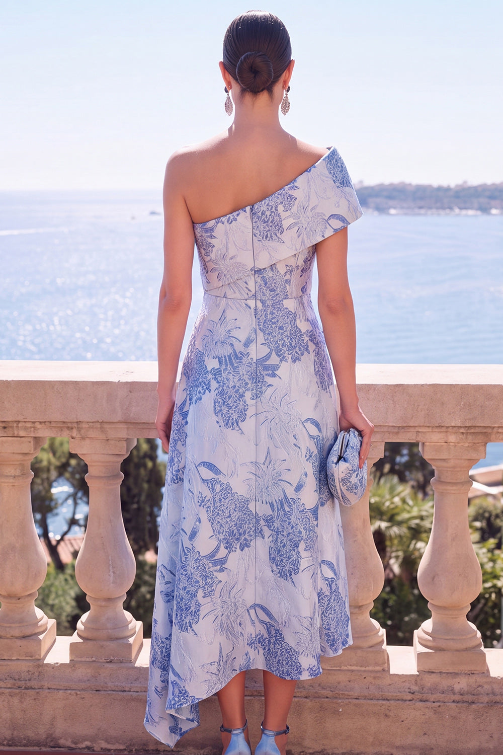 A Line Green Floral One Shoulder Midi Wedding Guest Dress