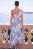 A Line Green Floral One Shoulder Midi Wedding Guest Dress