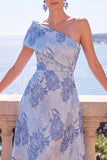 A Line Green Floral One Shoulder Midi Wedding Guest Dress