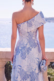 A Line Green Floral One Shoulder Midi Wedding Guest Dress