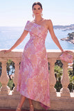 A Line Green Floral One Shoulder Midi Wedding Guest Dress