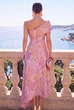 A Line Green Floral One Shoulder Midi Wedding Guest Dress