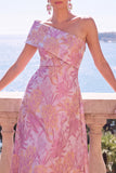 A Line Green Floral One Shoulder Midi Wedding Guest Dress