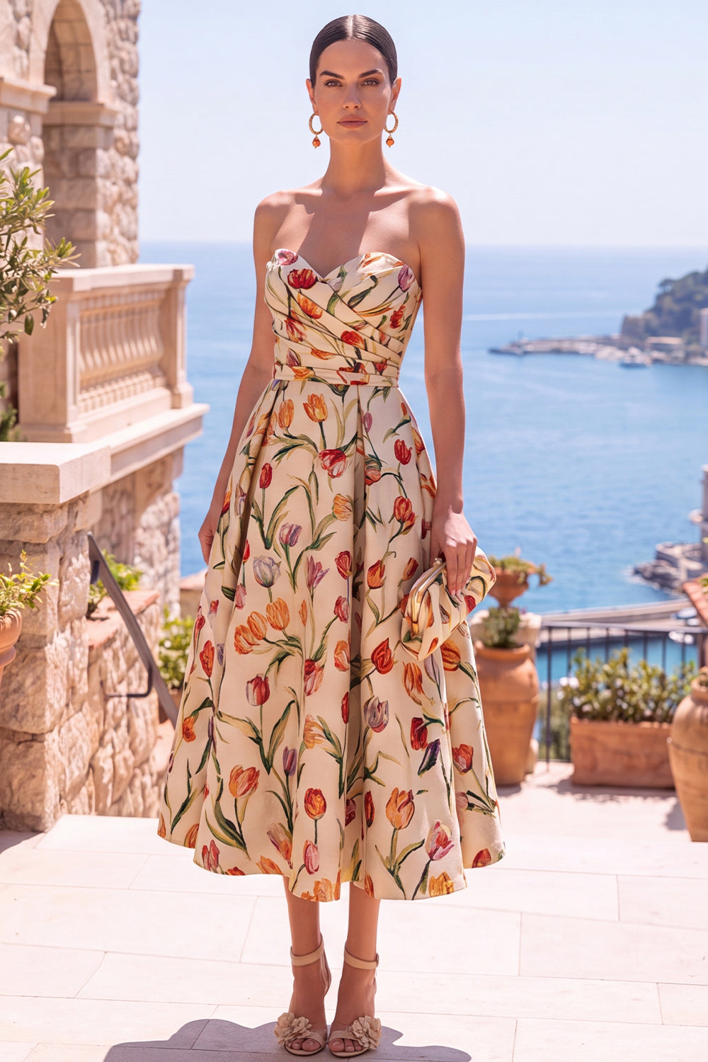 Olive A Line Floral Sweetheart Ruched Midi Wedding Guest Dress