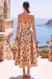 Olive A Line Floral Sweetheart Ruched Midi Wedding Guest Dress