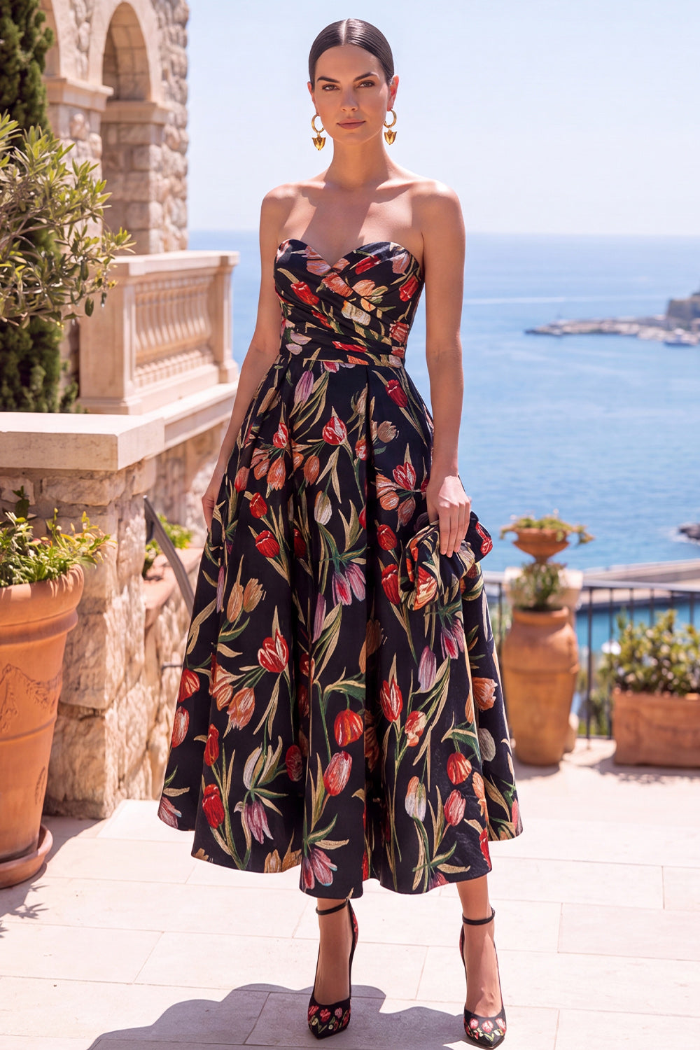 Olive A Line Floral Sweetheart Ruched Midi Wedding Guest Dress