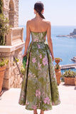 Olive A Line Floral Sweetheart Ruched Midi Wedding Guest Dress