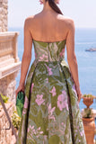 Olive A Line Floral Sweetheart Ruched Midi Wedding Guest Dress