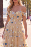 A Line Blue Flower Off the Shoulder Tulle Midi Wedding Guest Dress