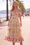 A Line Blue Flower Off the Shoulder Tulle Midi Wedding Guest Dress