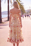 A Line Blue Flower Off the Shoulder Tulle Midi Wedding Guest Dress