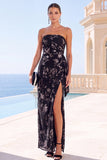Black Floral Sheath Strapless Long Wedding Guest Dress with Slit