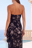 Black Floral Sheath Strapless Long Wedding Guest Dress with Slit