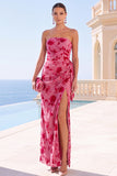 Black Floral Sheath Strapless Long Wedding Guest Dress with Slit