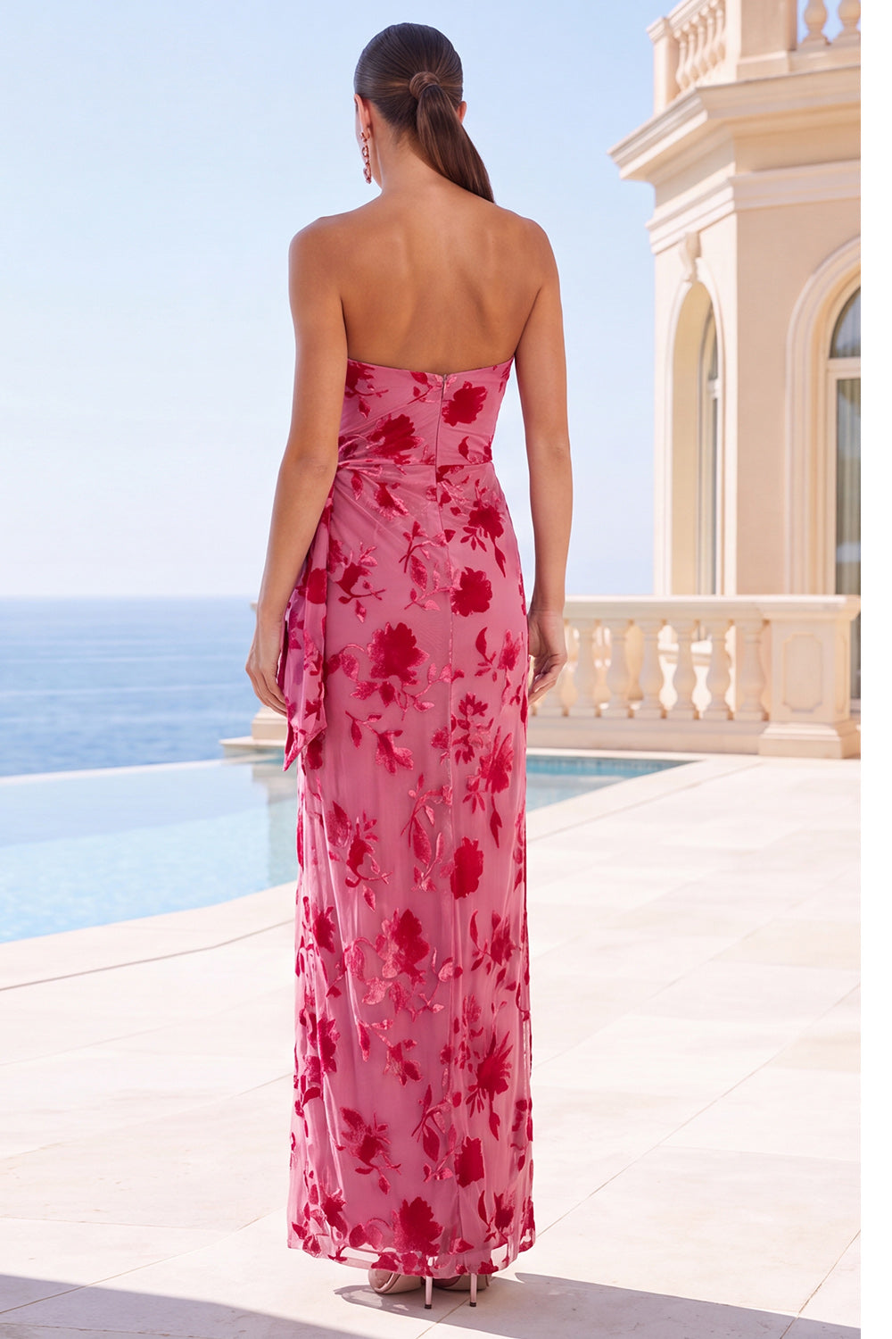 Black Floral Sheath Strapless Long Wedding Guest Dress with Slit