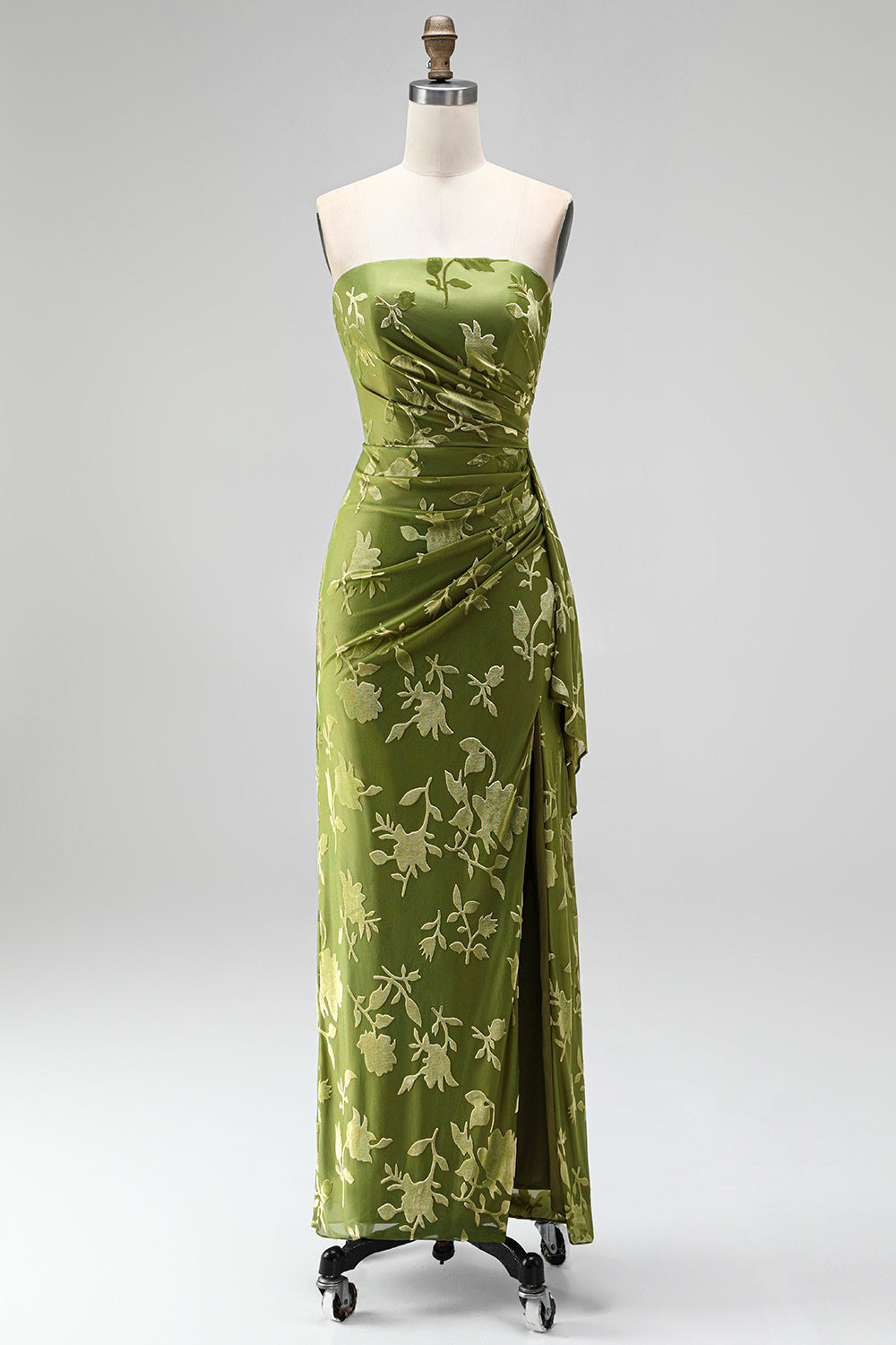 Black Floral Sheath Strapless Long Wedding Guest Dress with Slit