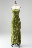 Black Floral Sheath Strapless Long Wedding Guest Dress with Slit