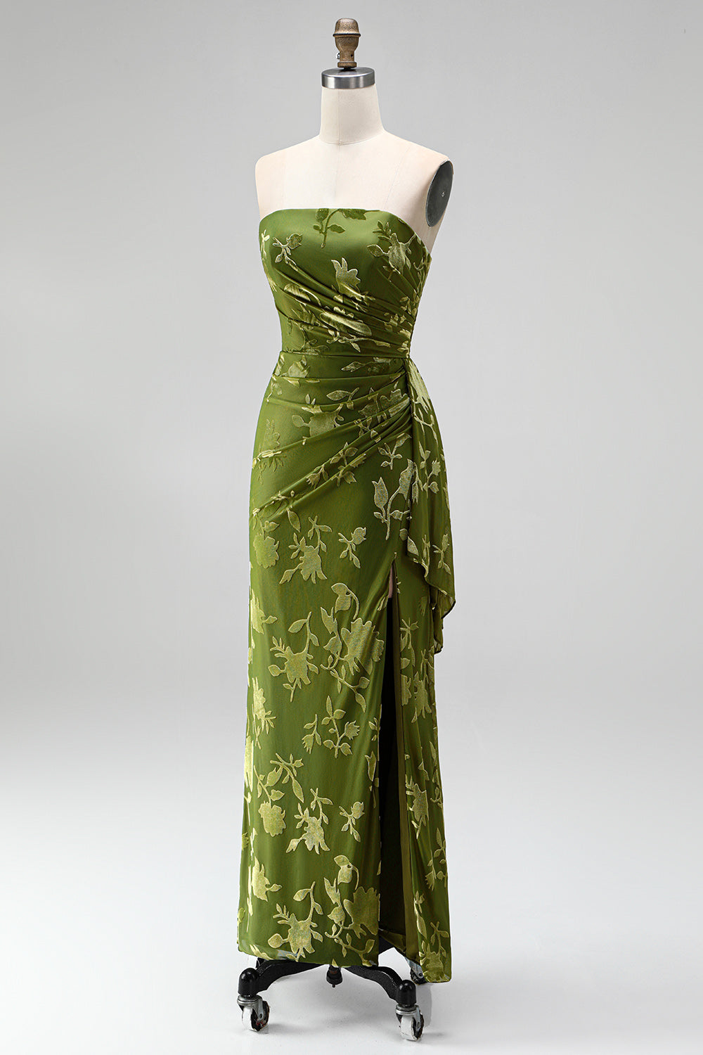 Black Floral Sheath Strapless Long Wedding Guest Dress with Slit