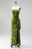 Black Floral Sheath Strapless Long Wedding Guest Dress with Slit