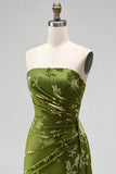 Black Floral Sheath Strapless Long Wedding Guest Dress with Slit
