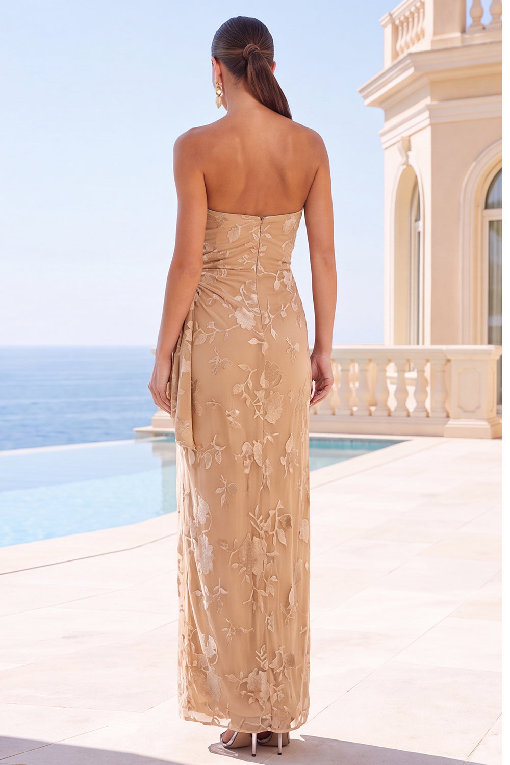 Black Floral Sheath Strapless Long Wedding Guest Dress with Slit