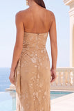 Black Floral Sheath Strapless Long Wedding Guest Dress with Slit