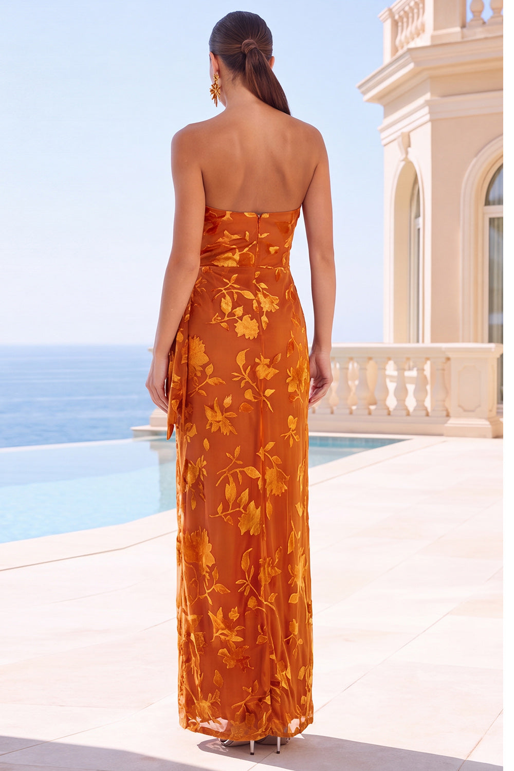 Black Floral Sheath Strapless Long Wedding Guest Dress with Slit