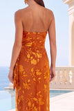 Black Floral Sheath Strapless Long Wedding Guest Dress with Slit