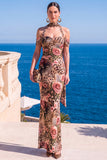 Brown Leopard Floral Mermaid Cold Shoulder Long Wedding Guest Dress