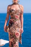 Brown Leopard Floral Mermaid Cold Shoulder Long Wedding Guest Dress