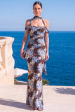 Brown Leopard Floral Mermaid Cold Shoulder Long Wedding Guest Dress