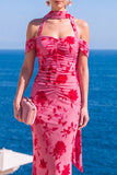 Brown Leopard Floral Mermaid Cold Shoulder Long Wedding Guest Dress