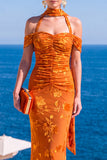 Brown Leopard Floral Mermaid Cold Shoulder Long Wedding Guest Dress