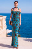 Brown Leopard Floral Mermaid Cold Shoulder Long Wedding Guest Dress