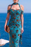 Brown Leopard Floral Mermaid Cold Shoulder Long Wedding Guest Dress