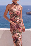 Floral Coffee Sheath One Shoulder Long Wedding Guest Dress