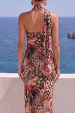 Floral Coffee Sheath One Shoulder Long Wedding Guest Dress