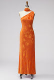 Floral Coffee Sheath One Shoulder Long Wedding Guest Dress