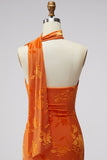 Floral Coffee Sheath One Shoulder Long Wedding Guest Dress
