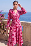 Floral Peacock Green Ruched Midi Wedding Guest Dress with Sleeves