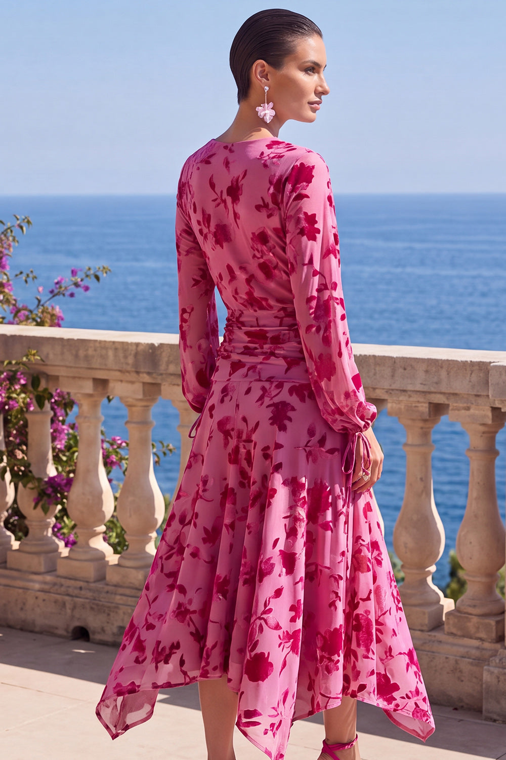 Floral Peacock Green Ruched Midi Wedding Guest Dress with Sleeves