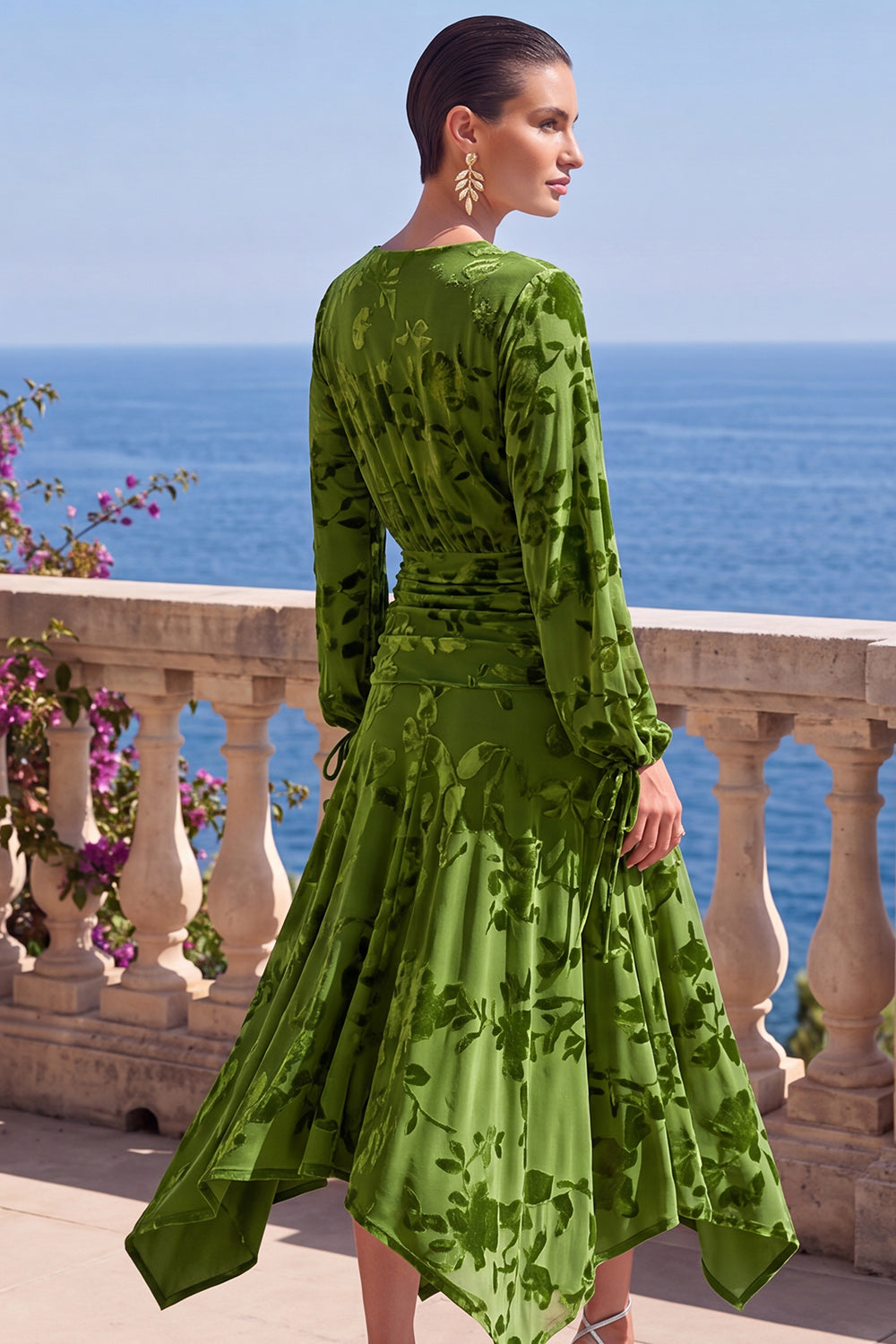 Floral Peacock Green Ruched Midi Wedding Guest Dress with Sleeves