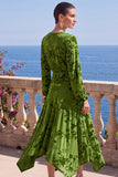 Floral Peacock Green Ruched Midi Wedding Guest Dress with Sleeves