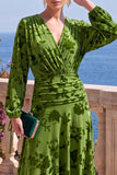 Floral Peacock Green Ruched Midi Wedding Guest Dress with Sleeves