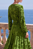 Floral Peacock Green Ruched Midi Wedding Guest Dress with Sleeves