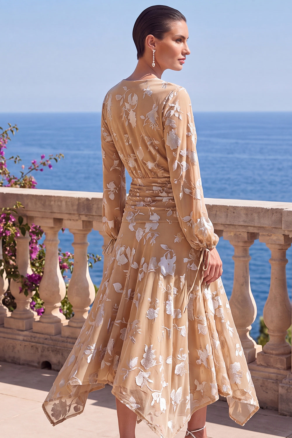 Floral Peacock Green Ruched Midi Wedding Guest Dress with Sleeves